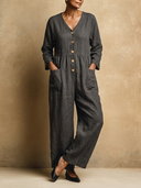 Women's V-neck Front Button Quality Linen Wide-leg Jumpsuit ZMZ1384H2XT