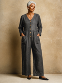 Women's V-neck Front Button Quality Linen Wide-leg Jumpsuit ZMZ1384H2XT