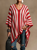 Women's Vintage-Style Elegant Red And White Vertical-Stripe Cape-Style Sweater ZMZ1309H3ZYY