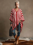 Women's Vintage-Style Elegant Red And White Vertical-Stripe Cape-Style Sweater ZMZ1309H3ZYY
