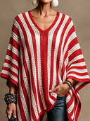 Women's Vintage-Style Elegant Red And White Vertical-Stripe Cape-Style Sweater ZMZ1309H3ZYY