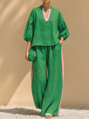 Women's Classic Casual Cotton-Linen Set: Mandarin Collar Lantern-Sleeve Shirt And Elastic-Waist Wide-Leg Pants ZMZ1307H5ZYY