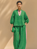 Women's Classic Casual Cotton-Linen Set: Mandarin Collar Lantern-Sleeve Shirt And Elastic-Waist Wide-Leg Pants ZMZ1307H5ZYY