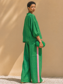 Women's Classic Casual Cotton-Linen Set: Mandarin Collar Lantern-Sleeve Shirt And Elastic-Waist Wide-Leg Pants ZMZ1307H5ZYY