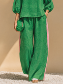 Women's Classic Casual Cotton-Linen Set: Mandarin Collar Lantern-Sleeve Shirt And Elastic-Waist Wide-Leg Pants ZMZ1307H5ZYY