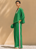 Women's Classic Casual Cotton-Linen Set: Mandarin Collar Lantern-Sleeve Shirt And Elastic-Waist Wide-Leg Pants ZMZ1307H5ZYY