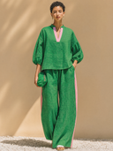 Women's Classic Casual Cotton-Linen Set: Mandarin Collar Lantern-Sleeve Shirt And Elastic-Waist Wide-Leg Pants ZMZ1307H5ZYY