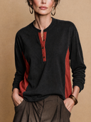 Women's Classic Casual Lyocell-Cotton Color-Block Henley Long-Sleeve T-Shirt ZMZ1284H6ZYY