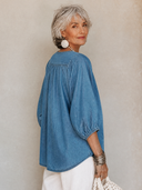 Women's Classic Casual V-Neck Lantern-Sleeve Tencel Denim Shirt ZMZ0585H3ZYY