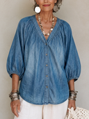 Women's Classic Casual V-Neck Lantern-Sleeve Tencel Denim Shirt ZMZ0585H3ZYY