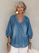 Women's Classic Casual V-Neck Lantern-Sleeve Tencel Denim Shirt ZMZ0585H3ZYY