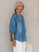 Women's Classic Casual V-Neck Lantern-Sleeve Tencel Denim Shirt ZMZ0585H3ZYY