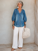 Women's Classic Casual V-Neck Lantern-Sleeve Tencel Denim Shirt ZMZ0585H3ZYY