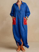 Women's Classic Casual Cotton-Linen Color-Block Lapel Lantern-Sleeve Maxi Dress ZMZ2955G8ZYY
