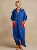 Women's Classic Casual Cotton-Linen Color-Block Lapel Lantern-Sleeve Maxi Dress ZMZ2955G8ZYY