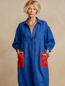 Women's Classic Casual Cotton-Linen Color-Block Lapel Lantern-Sleeve Maxi Dress ZMZ2955G8ZYY