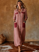 Women's Classic American Retro Plaid Cotton-Blend With Multiple Pockets Long-Sleeve Maxi Dress ZMZ1354H0ZYY