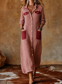 Women's Classic American Retro Plaid Cotton-Blend With Multiple Pockets Long-Sleeve Maxi Dress ZMZ1354H0ZYY