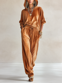 Women's Stylish Caramel Corduroy Hoodie And Pants Two-Piece Set ZMZ1306H0SWL