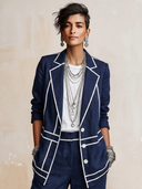Women's Classic Navy Cotton-Linen Color-Block Suit Set (Blazer And Trousers) ZMZ1461H8SWL