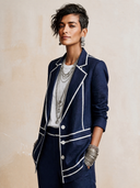 Women's Classic Navy Cotton-Linen Color-Block Suit Set (Blazer And Trousers) ZMZ1461H8SWL