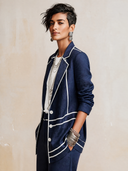 Women's Classic Navy Cotton-Linen Color-Block Suit Set (Blazer And Trousers) ZMZ1461H8SWL
