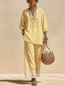 Women's Classic Yellow Striped Cotton Two-piece Set (top And Trousers) ZMZ1484H7SWL