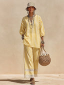 Women's Classic Yellow Striped Cotton Two-piece Set (top And Trousers) ZMZ1484H7SWL
