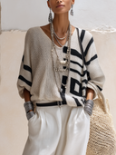 Women's Retro V-Neck Color-Block Geometric Knit Pullover Sweater ZMZ1412H2SWL