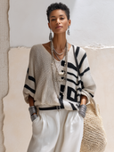 Women's Retro V-Neck Color-Block Geometric Knit Pullover Sweater ZMZ1412H2SWL