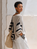 Women's Retro V-Neck Color-Block Geometric Knit Pullover Sweater ZMZ1412H2SWL