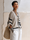 Women's Retro V-Neck Color-Block Geometric Knit Pullover Sweater ZMZ1412H2SWL