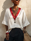 Women's Stylish Satin Color-Block V-Neck 3/4 Sleeve Top ZMZ1407H3SWL