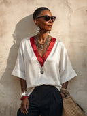 Women's Stylish Satin Color-Block V-Neck 3/4 Sleeve Top ZMZ1407H3SWL