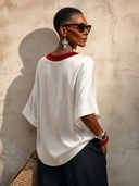 Women's Stylish Satin Color-Block V-Neck 3/4 Sleeve Top ZMZ1407H3SWL