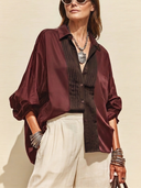 Women's Classic Burgundy Satin Pleated Long-Sleeve Shirt ZMZ1440H2SWL
