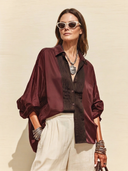 Women's Classic Burgundy Satin Pleated Long-Sleeve Shirt ZMZ1440H2SWL