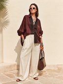 Women's Classic Burgundy Satin Pleated Long-Sleeve Shirt ZMZ1440H2SWL