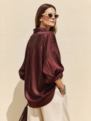 Women's Classic Burgundy Satin Pleated Long-Sleeve Shirt ZMZ1440H2SWL