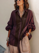 Women's Retro Cotton Linen Burgundy Color Block Long-Sleeve Shirt ZMZ1434H3SWL