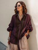 Women's Retro Cotton Linen Burgundy Color Block Long-Sleeve Shirt ZMZ1434H3SWL