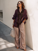 Women's Retro Cotton Linen Burgundy Color Block Long-Sleeve Shirt ZMZ1434H3SWL