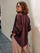 Women's Retro Cotton Linen Burgundy Color Block Long-Sleeve Shirt ZMZ1434H3SWL
