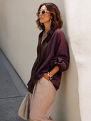 Women's Retro Cotton Linen Burgundy Color Block Long-Sleeve Shirt ZMZ1434H3SWL