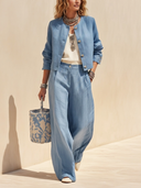 Women's Classic Light Blue Cotton-linen Jacket And Trousers Two-piece Set ZMZ1477H5SWL