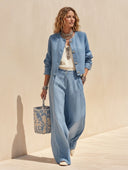 Women's Classic Light Blue Cotton-linen Jacket And Trousers Two-piece Set ZMZ1477H5SWL