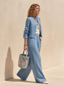 Women's Classic Light Blue Cotton-linen Jacket And Trousers Two-piece Set ZMZ1477H5SWL