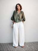 Women's Retro Army Green Cotton Pleated Button Collar Long-Sleeved Top ZMZ1413H1SWL