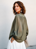 Women's Retro Army Green Cotton Pleated Button Collar Long-Sleeved Top ZMZ1413H1SWL