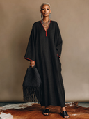 Women's Vintage-Style Elegant Casual Cotton-Linen V-Neck Long-Sleeve Loose Maxi Dress ZMZ1499H7ZYY